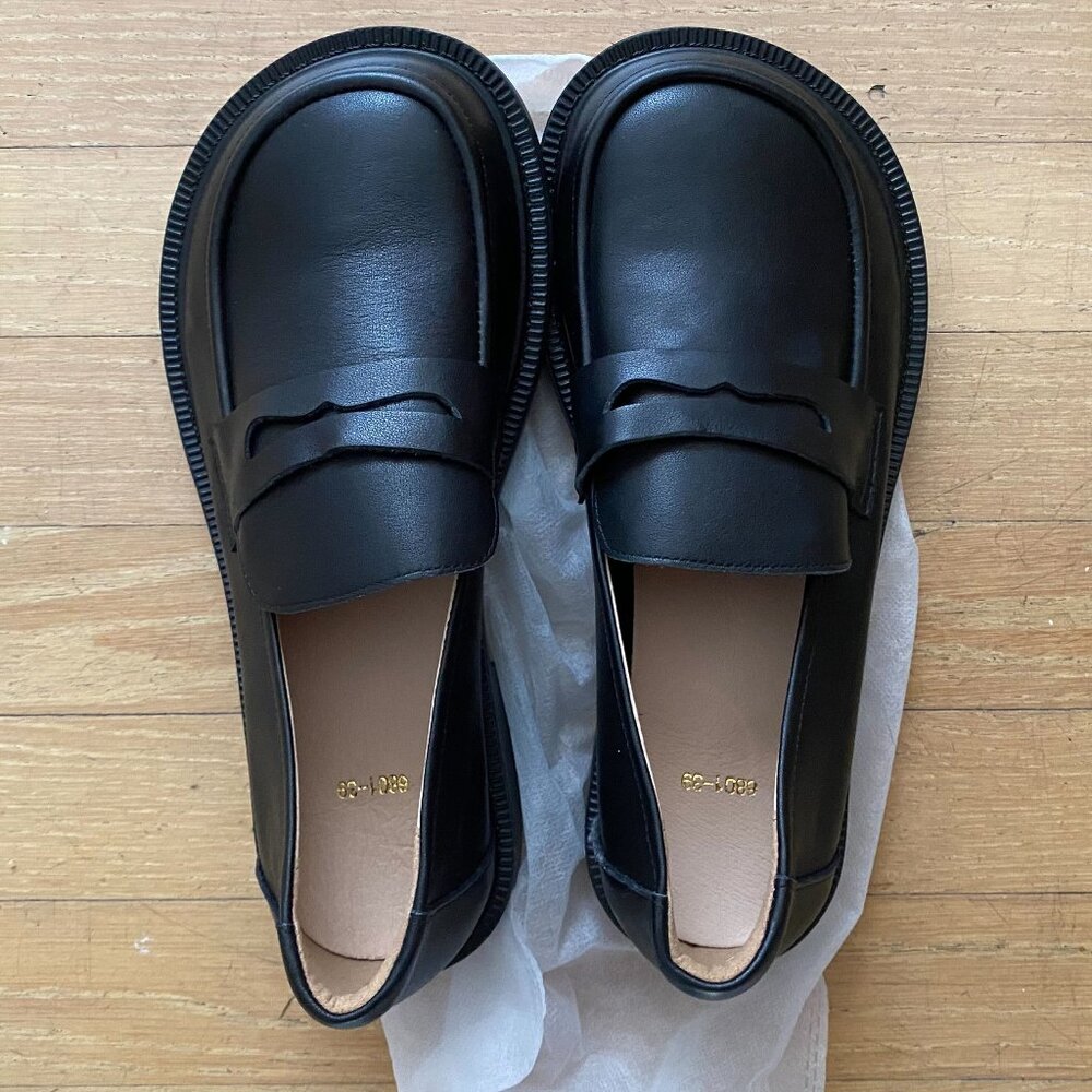 Wide Fit Big Toe Full Grain Leather Penny Loafers Handmade Uniform Shoes in Blac